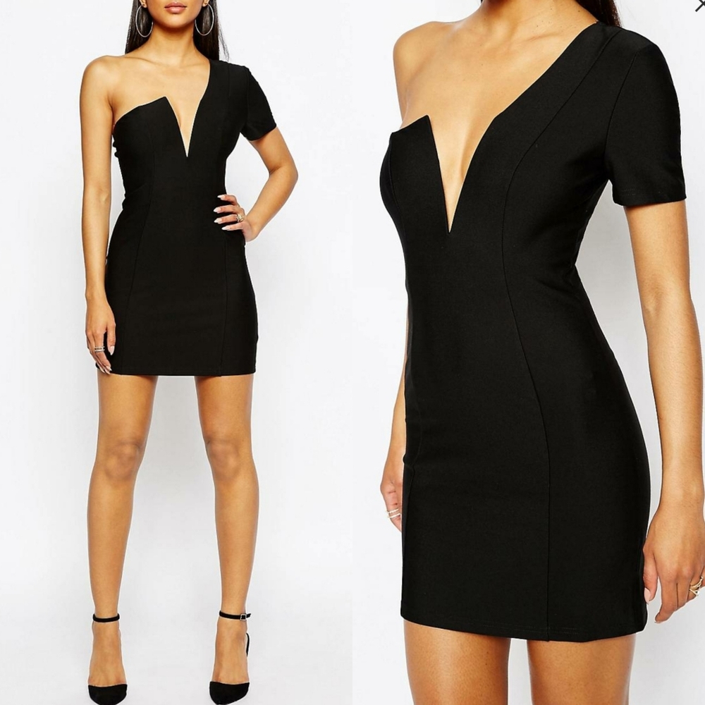 Bodycon one shoulder mini Dress with v plunge